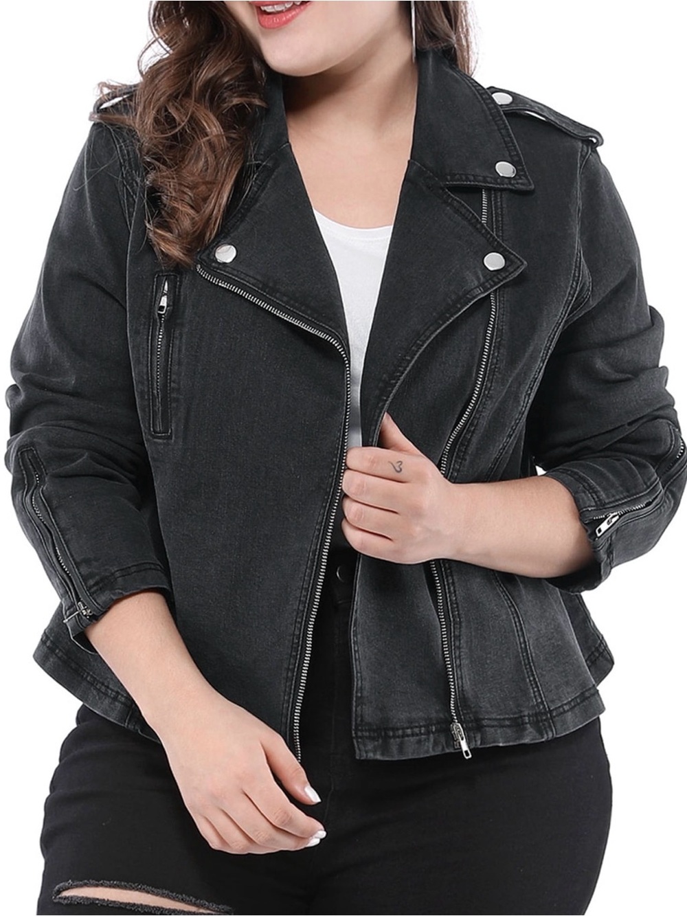 Agnes Orinda Plus Size Black Denim Moto Jean Jacket Asymmetrical Zip Biker 4X